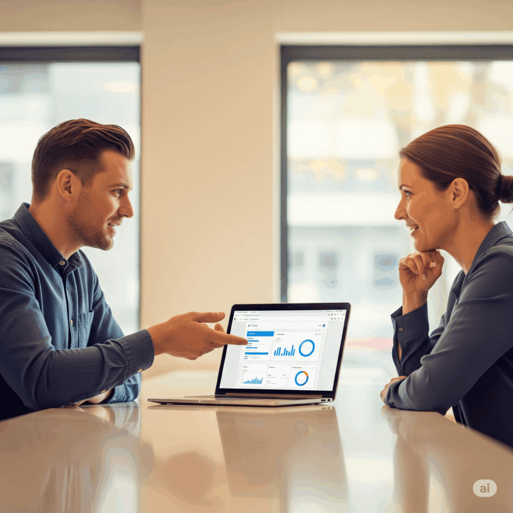 Zwei Personen (ein IT-Experte und ein Kunde/Unternehmer) in einem freundlichen Gespräch