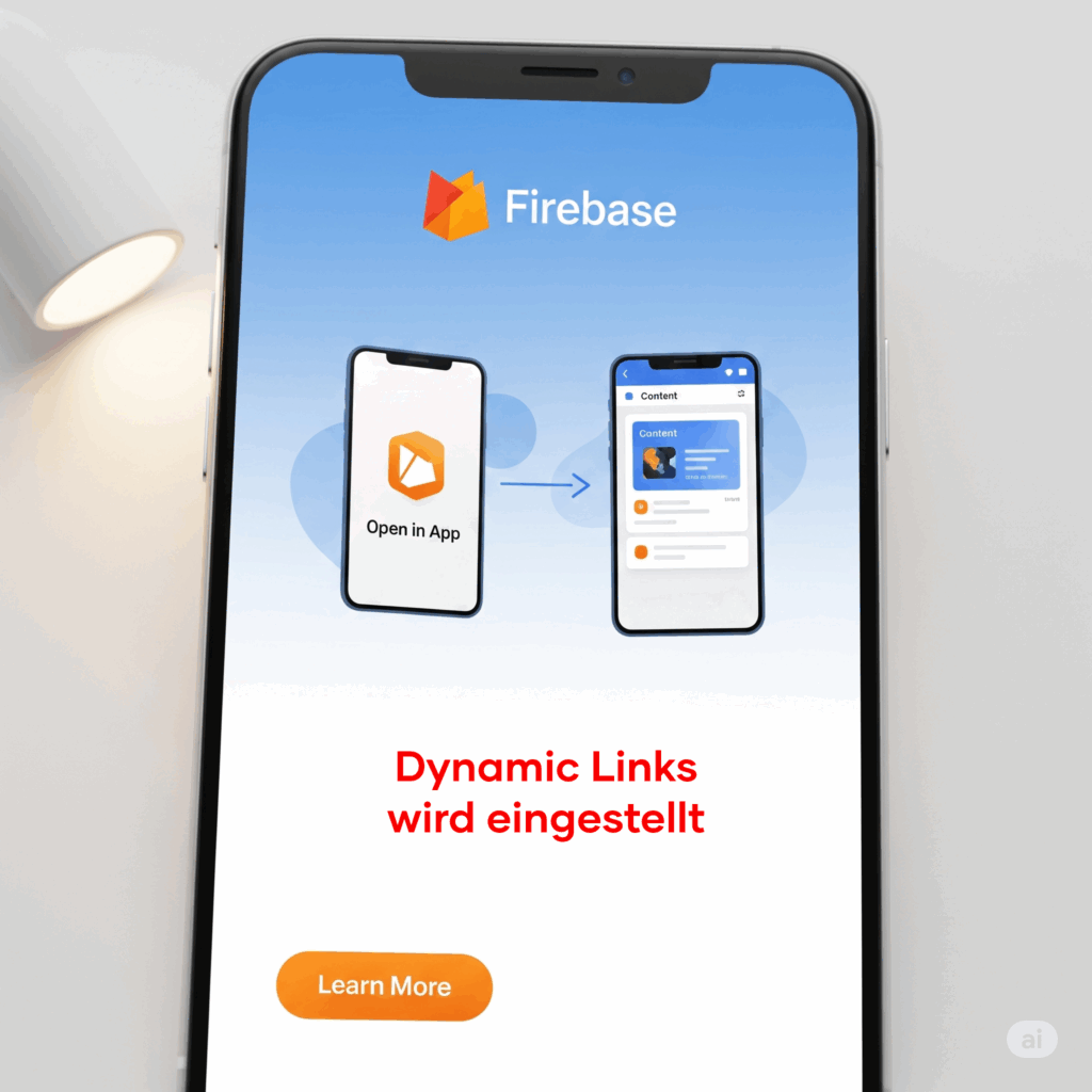 Ein Smartphone-Bildschirm zeigt eine Infografik zu Firebase Dynamic Links.