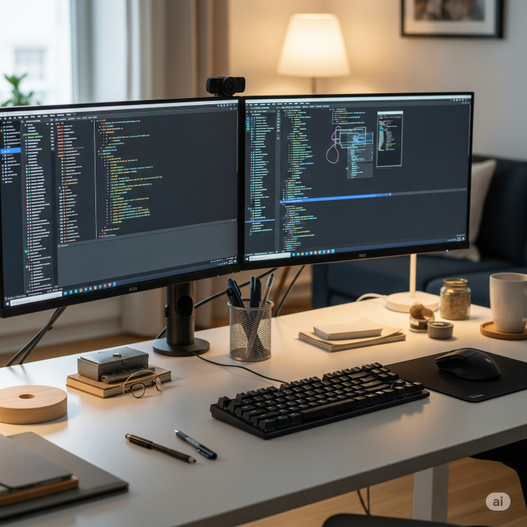 Ein aufgeräumter, gut ausgeleuchteter Schreibtisch mit zwei Monitoren, auf denen Code oder ein Design-Entwurf zu sehen ist.
