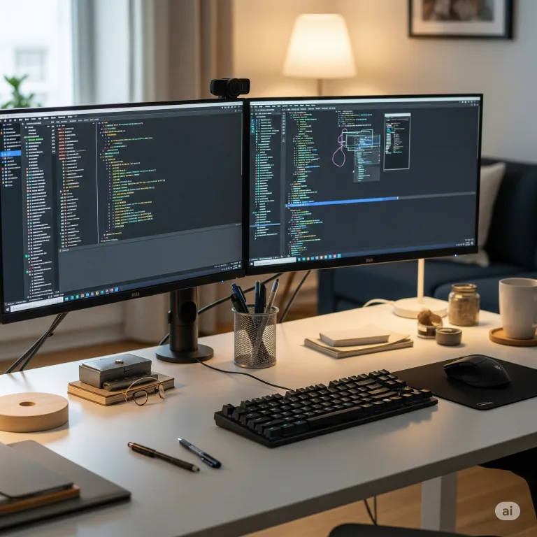 Ein aufgeräumter, gut ausgeleuchteter Schreibtisch mit zwei Monitoren, auf denen Code oder ein Design-Entwurf zu sehen ist.