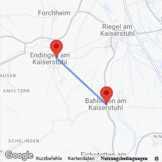 Karte Anfahrt von Endingen nach Bahlingen