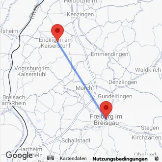 Karte Anfahrt von Endingen am Kaiserstuhl nach Freiburg im Breisgau