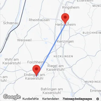 Karte Anfahrt von Endingen nach Herbolzheim