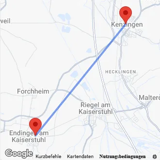 Karte Anfahrt von Endingen nach Kenzingen