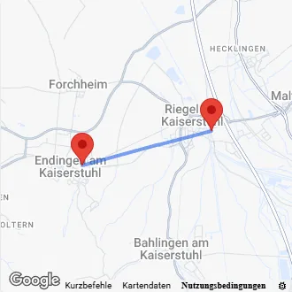 Karte Anfahrt von Endingen nach Riegel am Kaiserstuhl