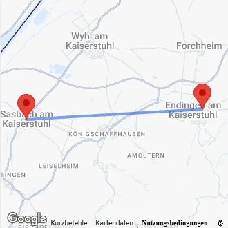 Karte Anfahrt von Endingen nach Sasbach am Kaiserstuhl