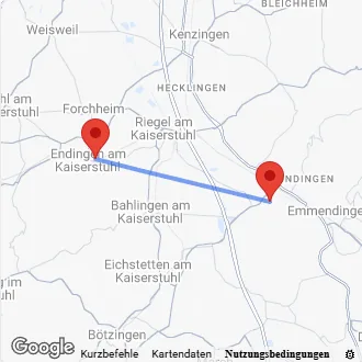 Karte Anfahrt von Endingen nach Teningen
