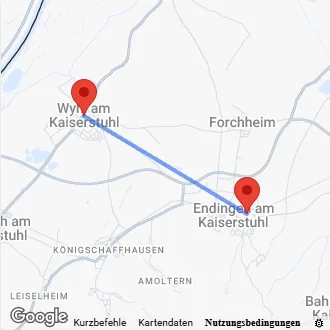 Karte Anfahrt von Endingen nach Wyhl am Kaiserstuhl